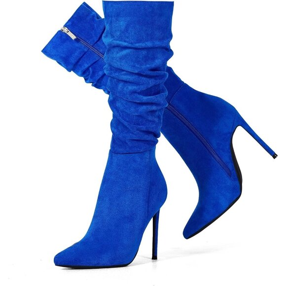 Women's Royal-Blue Suede Knee High Side Zipper Pointed Toe Stylish Dress Boot - Picture 5 of 6